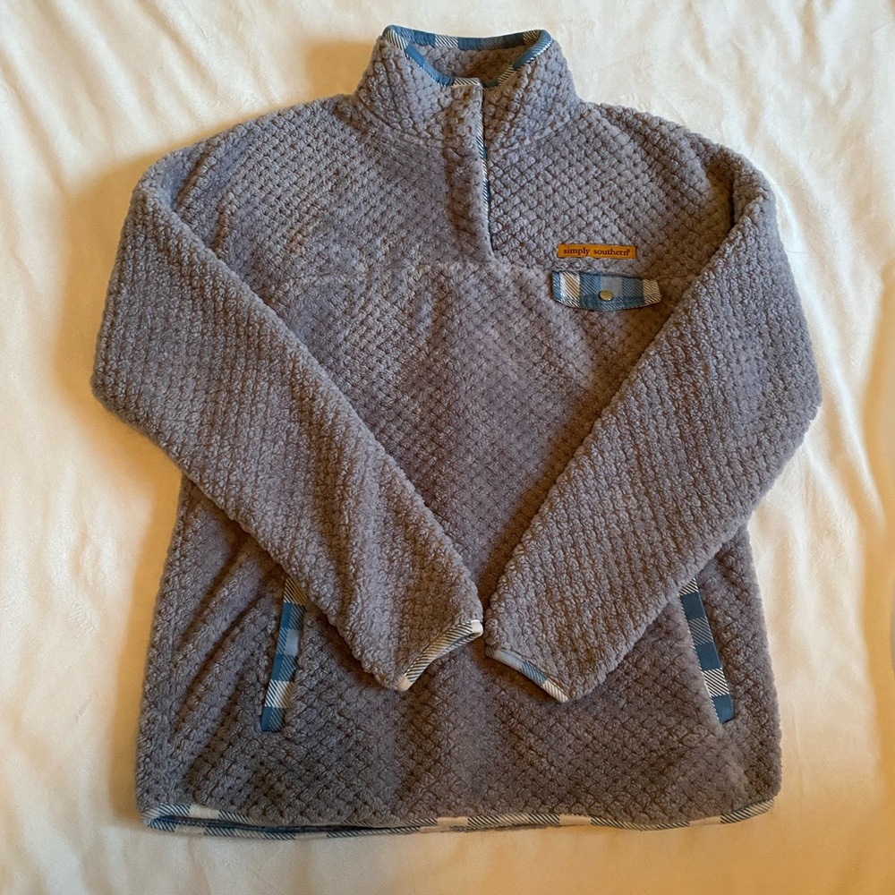 Simply Southern ☀️ Super Fuzzy Gray Blue Plaid Pullover